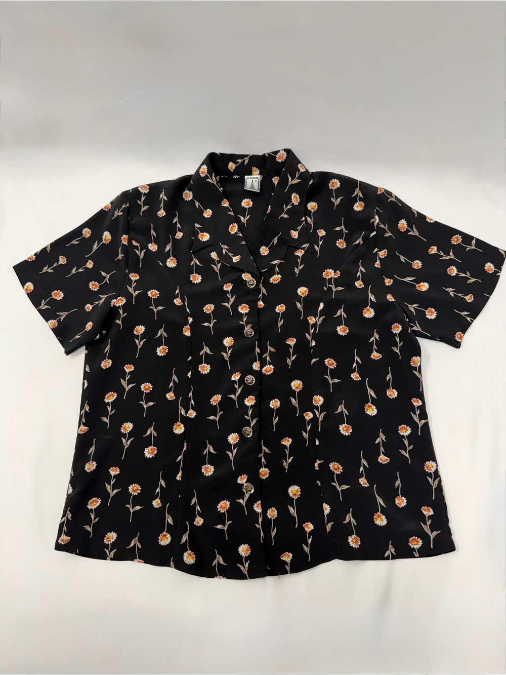 Vintage Flamingo Japanese Floral Button-Up Blouse | Black Daisy Print | Size 9